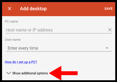 Show additional options drop down box on Microsoft Remote Desktop for Android. 