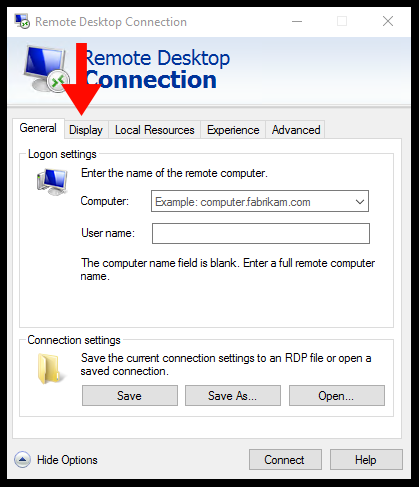 Navigating to the Display tab on Windows Remote Desktop Connection page.