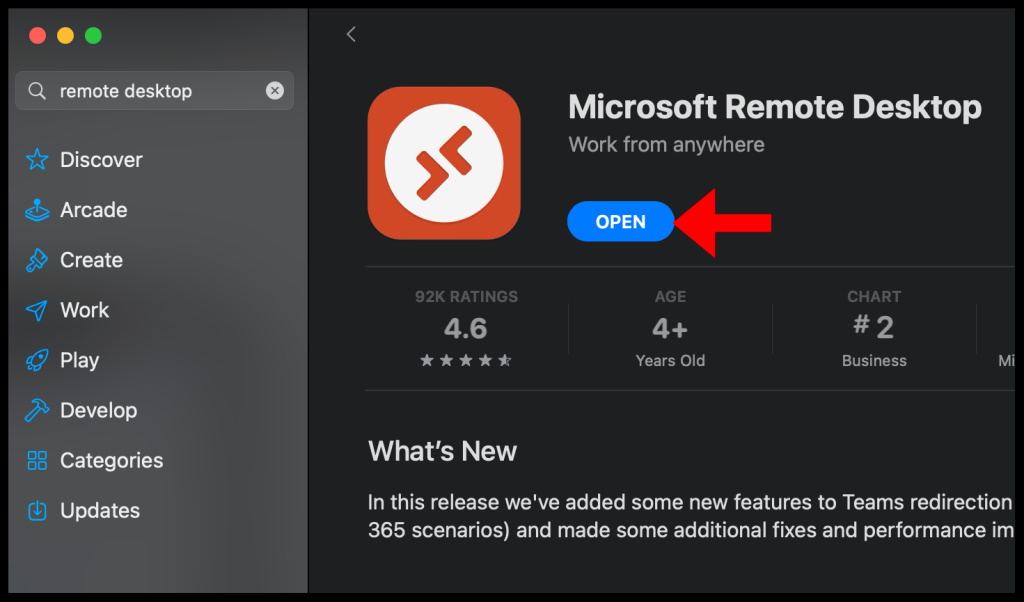 Opening the Microsoft Remote Desktop application from the macOS app store.