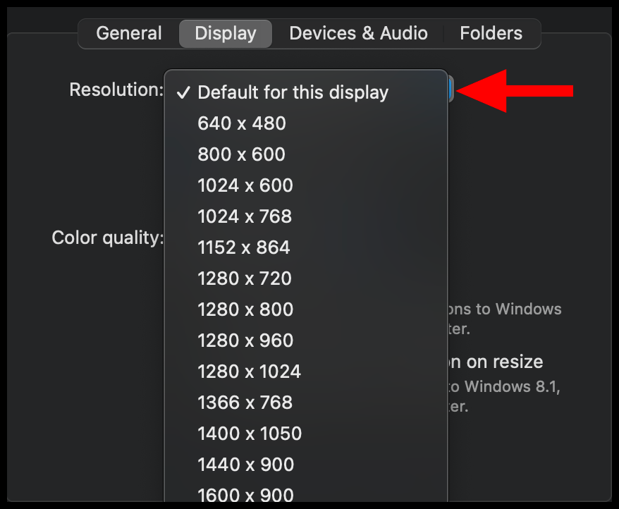 Selecting different resolution on the Remote Desktop Client on macOS.