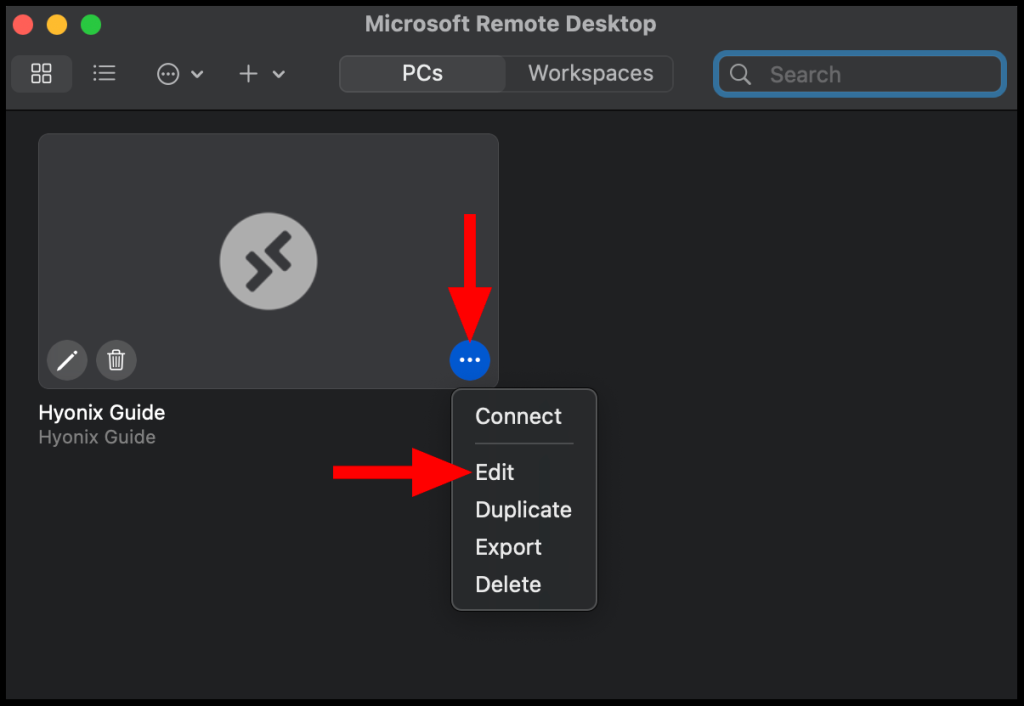 Where to edit server settings in Microsoft Remote Desktop on macOS.