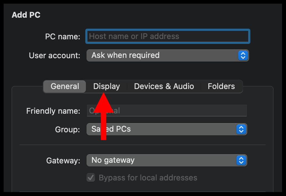 Using the Remote Desktop Client on macOS, selecting display.