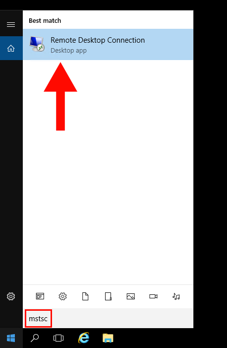 Searching "mstsc" in windows search bar.