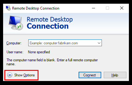 Highlighting where to press to show more options on the Windows Remote Desktop Connection page.