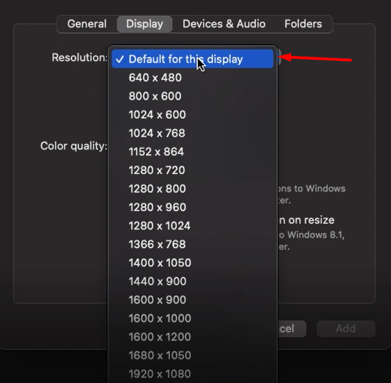 select custom resolution in mac for remote desktop