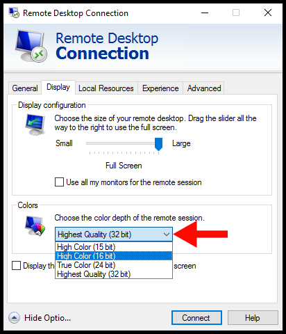 Opening the Windows color depth drop-down menu.