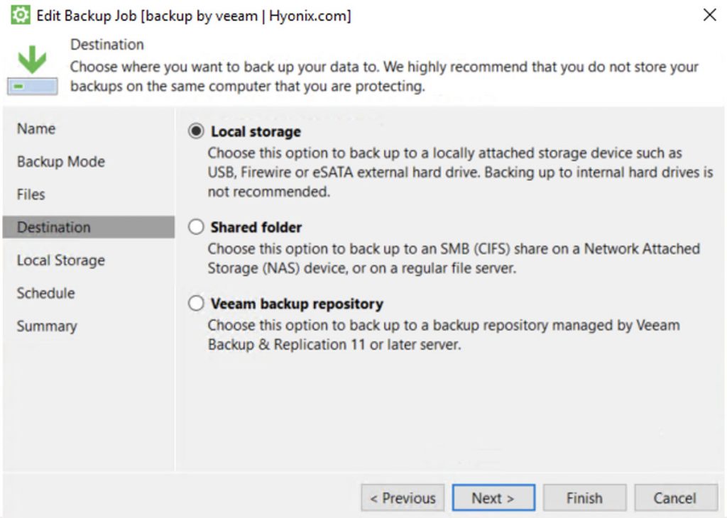 select the destination location veeam