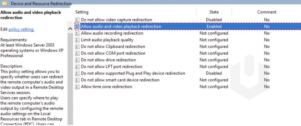 allow audio plug and play redirection