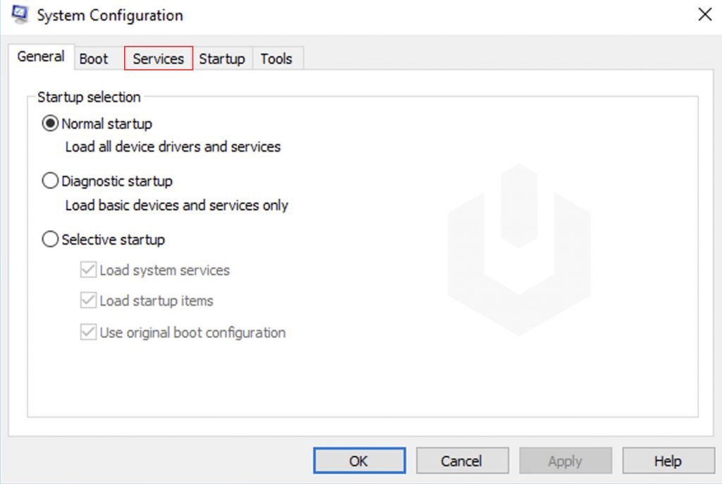 navigate to services msconfig