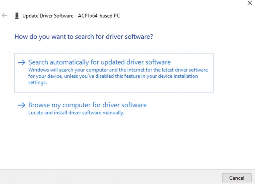 update driver option for windows