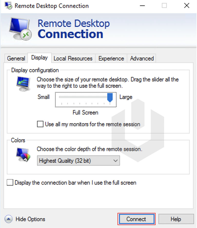 connect to remote desktop server for hiding the connection bar