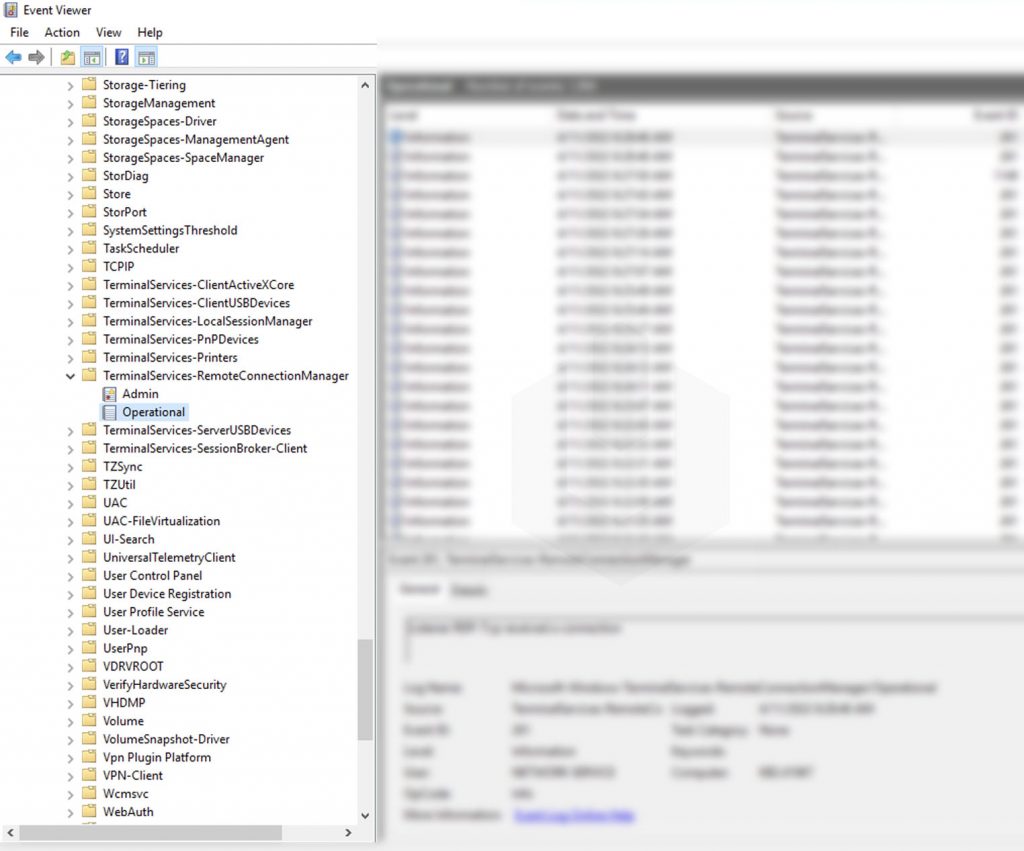 navigate to network connections logs location rdp logs event viewer