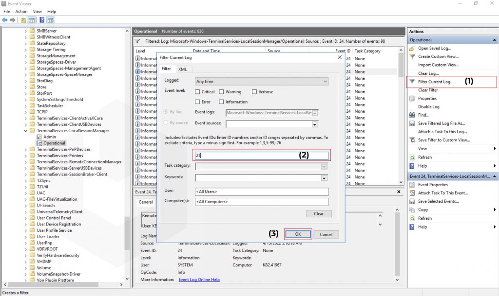 search log off event ids rdp session