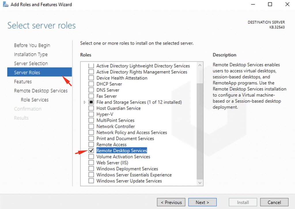 select remote desktop services windows server role