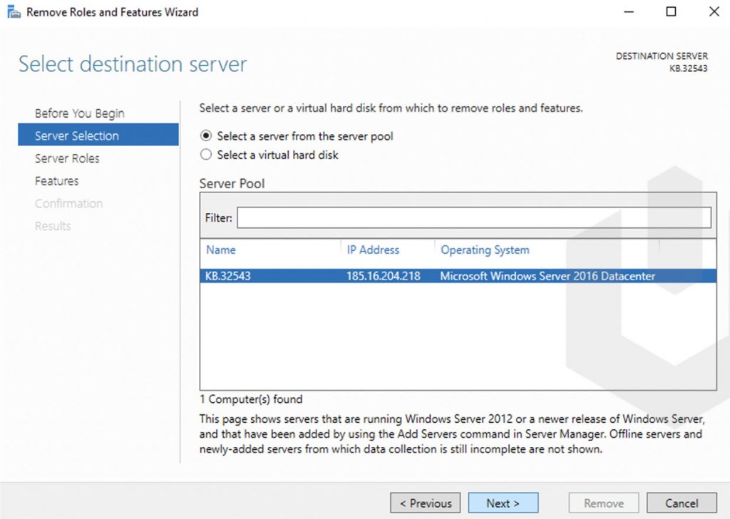 select server in the remove feature wizard