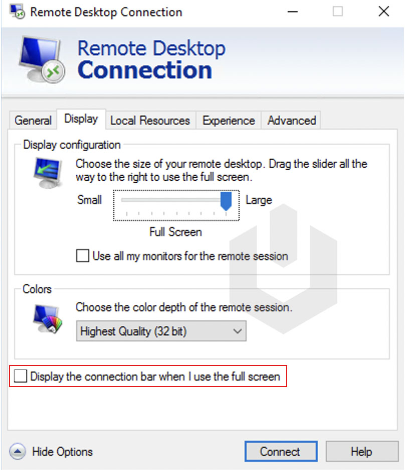 uncheck display the connection bar when I am using full screen remote desktop