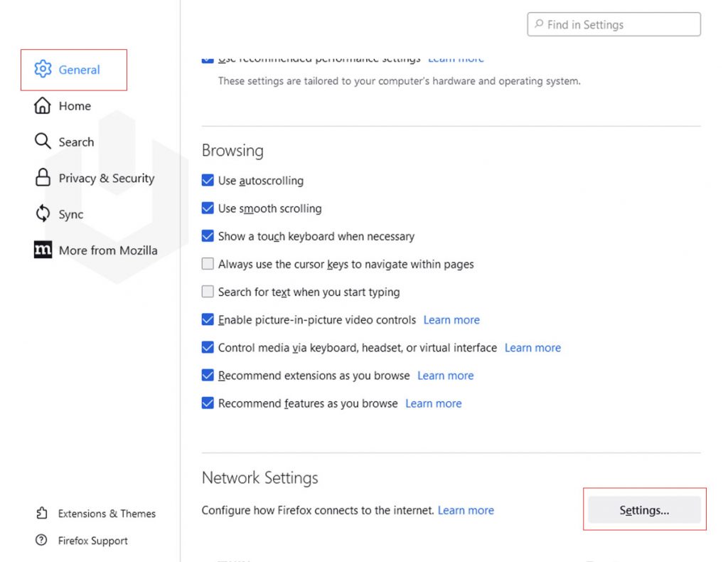 general settings then network settings firefox