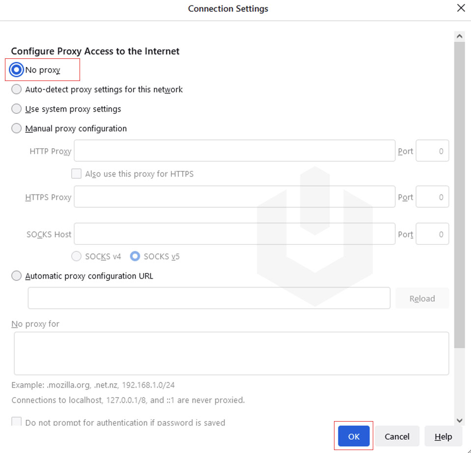 select no proxy and click on ok firefox browser