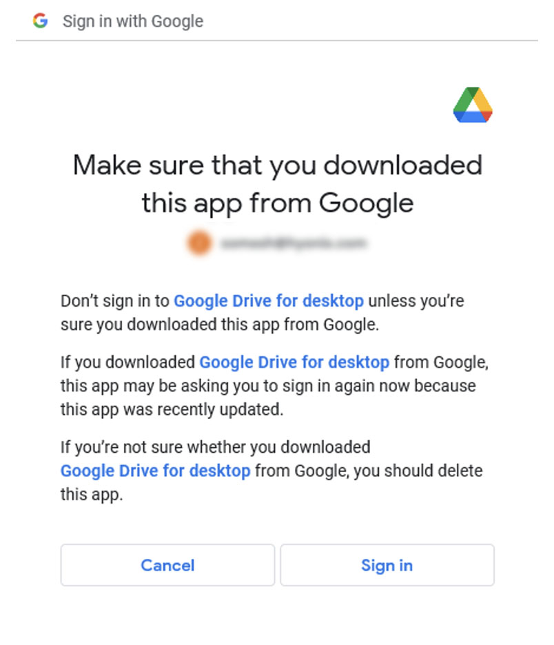 sign in and grant permission of google drive files