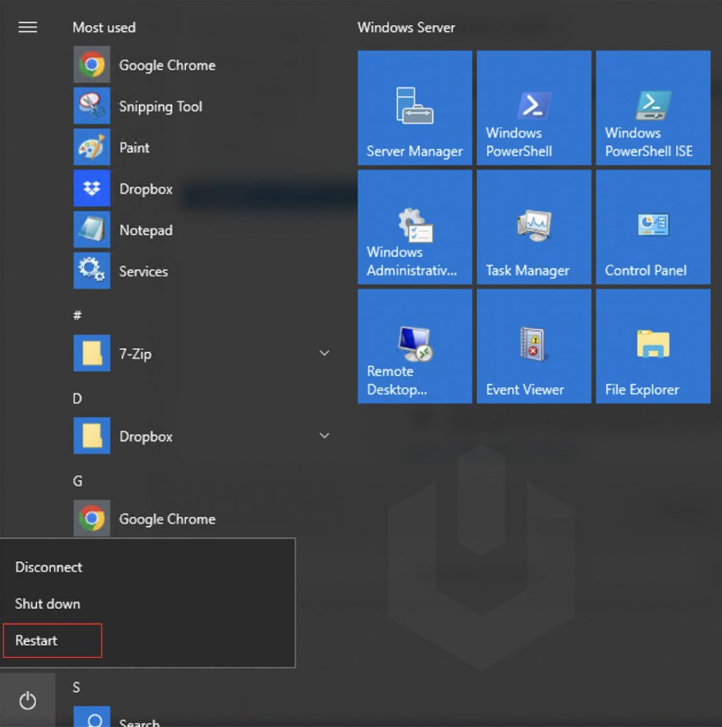 how to restart windows server through menu