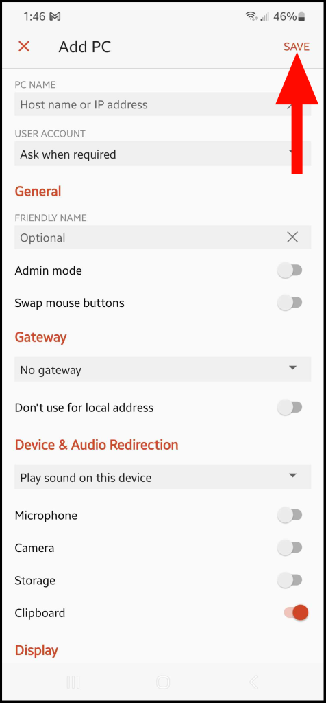 Saving server settings on Android Remote Desktop Client.