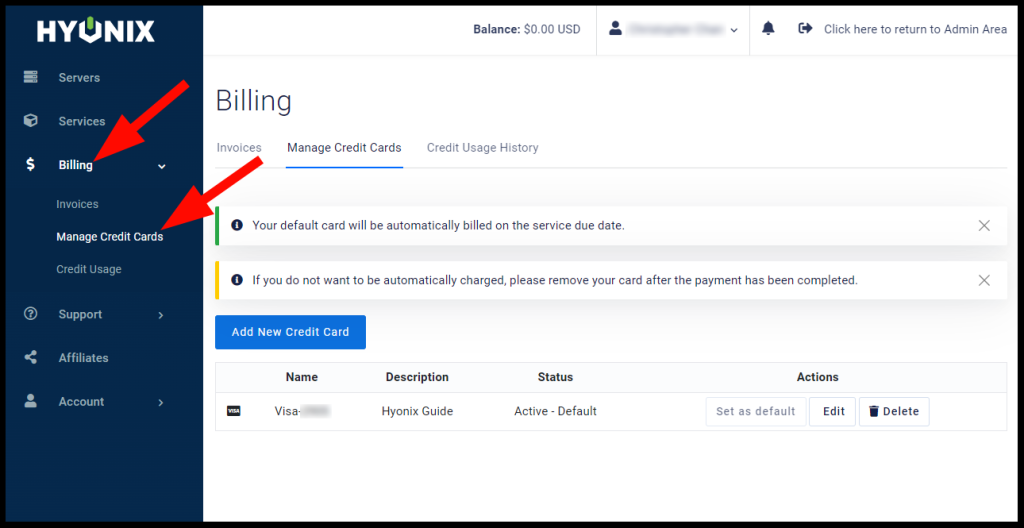 The billing page of the Hyonix dashboard with an example credit card for the purposes of this guide.