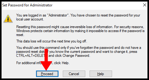 Warning page of changing admin password through computer management.