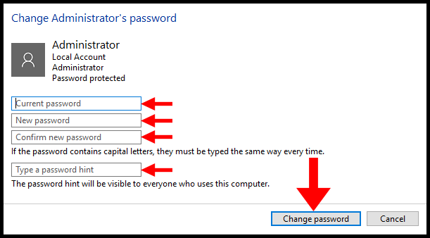Finalizing new password via Control Panel on a Windows Server.