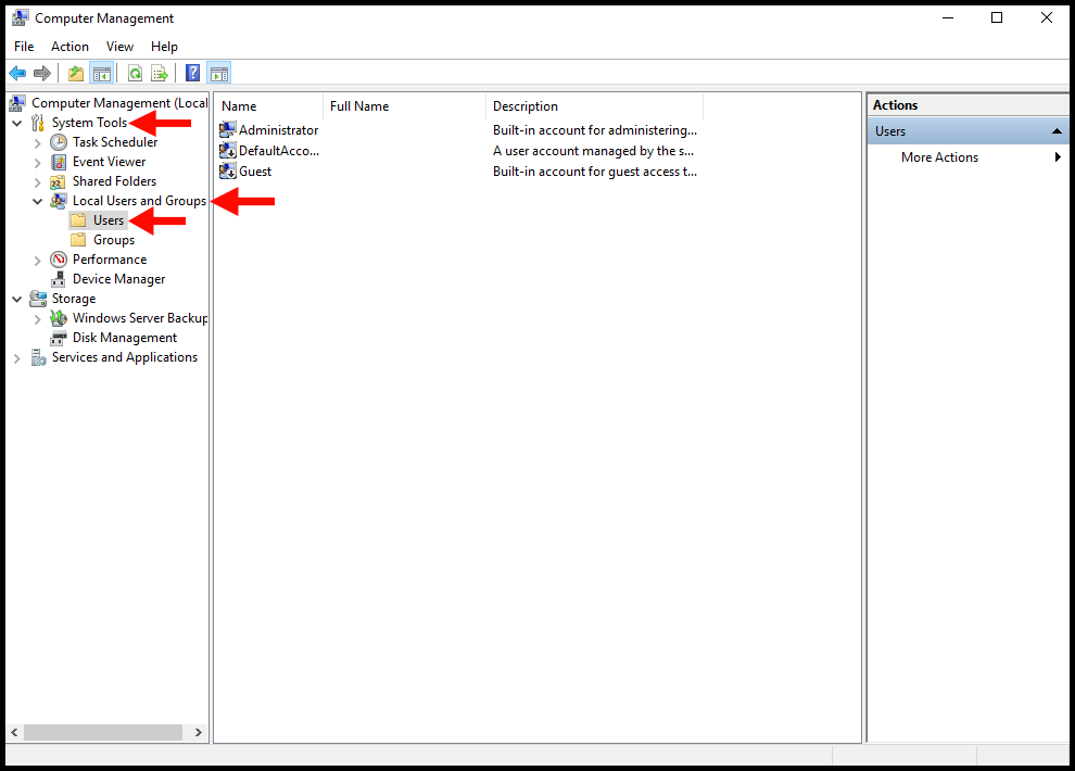 How to navigate Computer Management to get to users.
