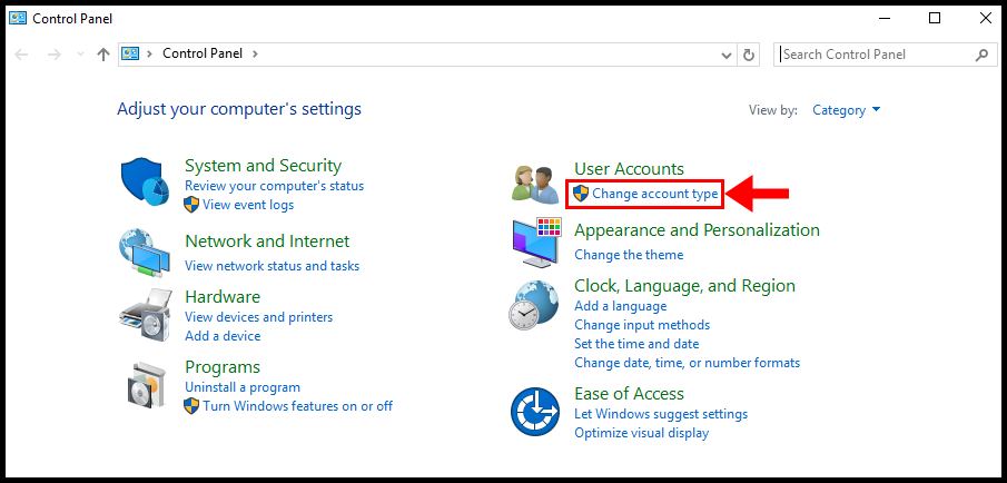 Change account type via Control Panel of Windows Server.