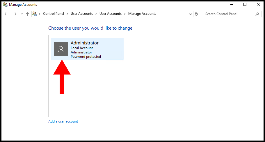 Selecting Administrator within Control Panel of a Windows Server.