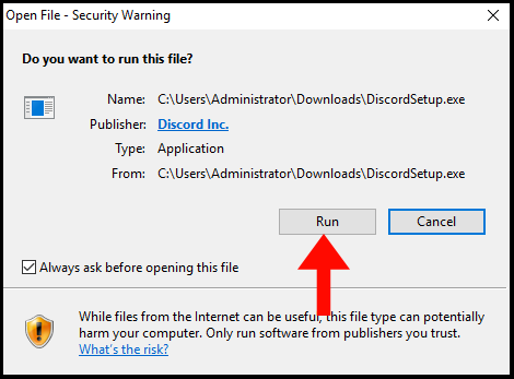 Windows Open File - Security Warning page popup for DiscordSetup.exe