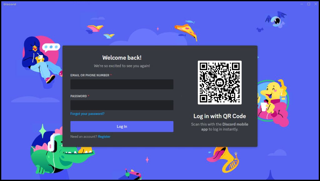 Discord login page on a Windows Server.