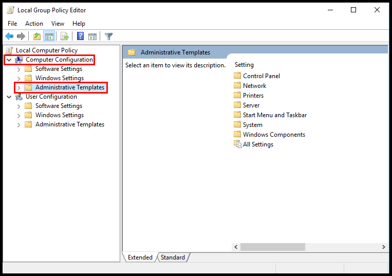 Image of the gpedit.msc menu and selecting Computer Configuration and Administrative Templates