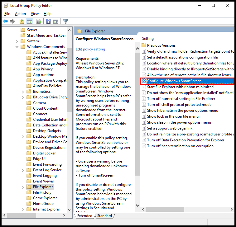 Identifying where the Configure Windows SmartScreen option is located.