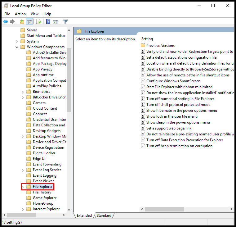 Image of the gpedit.msc menu and selecting file explorer.
