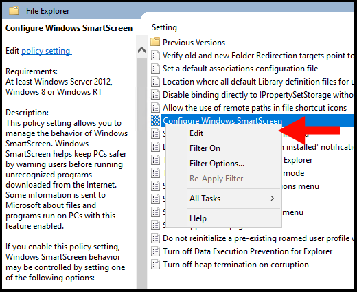 Selecting edit on Windows SmartScreen.