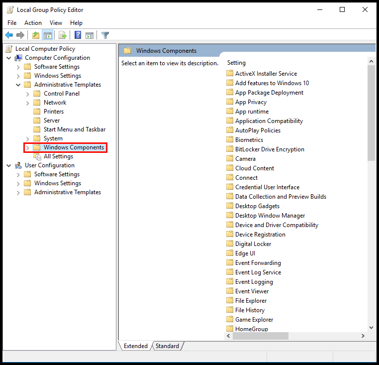 Image of the gpedit.msc menu and selecting Windows Components.