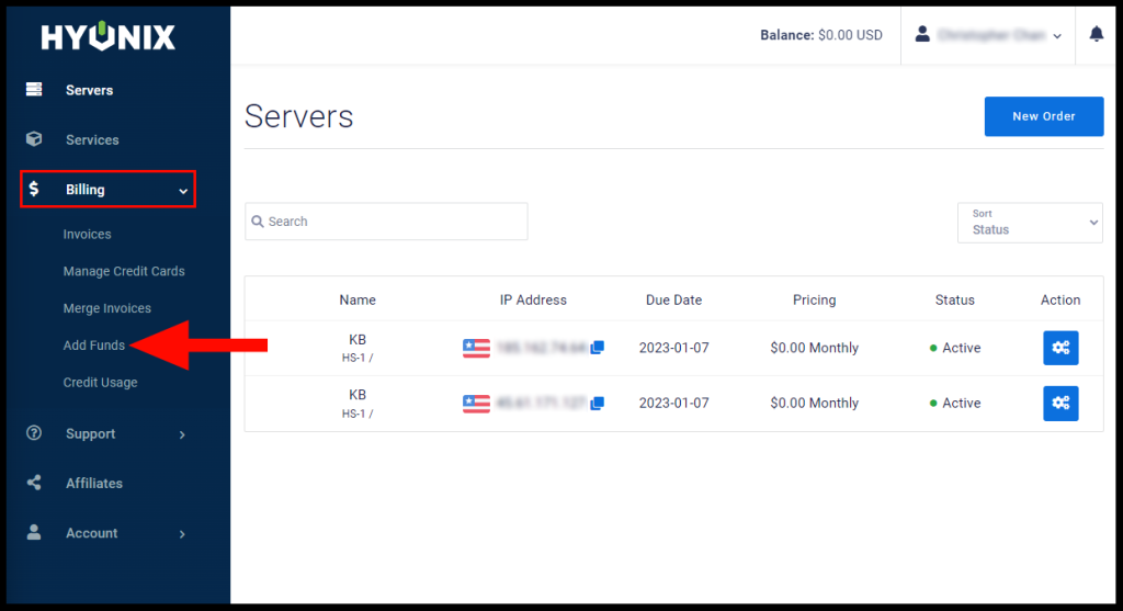 Where to find the Billing drop-down menu and where to click to navigate to the Add Funds.