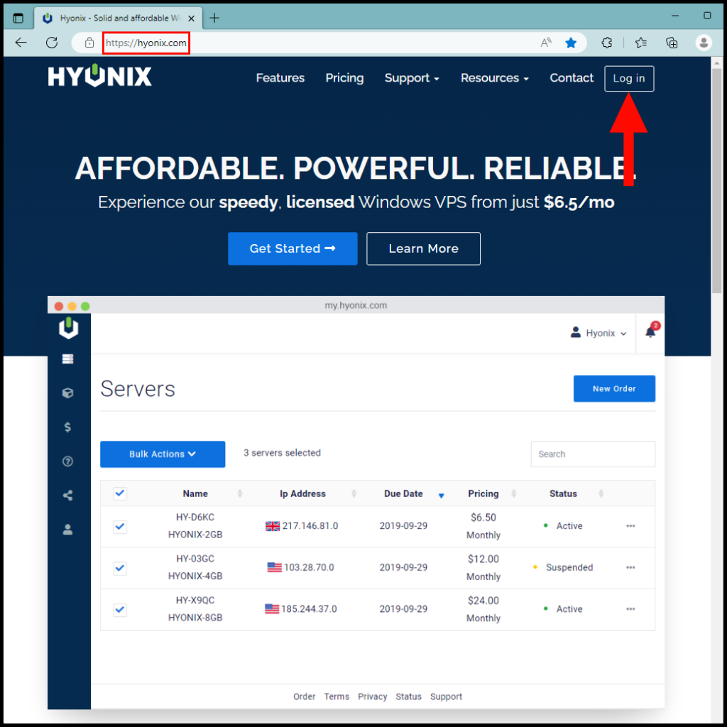 Hyonix website, indicating where to click to log in.