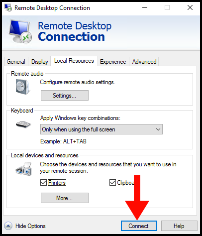 Connecting to Remote Desktop in Remote Desktop Connection.