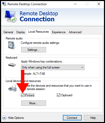 Tick Printers checkbox of Remote Desktop Connection in Windows.