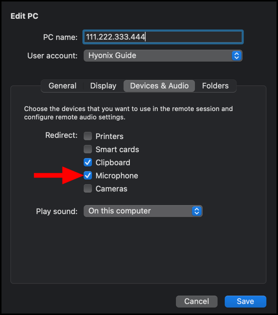 Ticking the checkbox next to Microphone within the Devices & Audio tab within Remote Desktop for macOS.