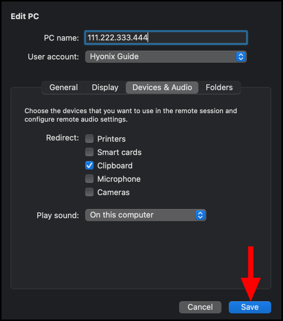 Finalizing changes in the Devices & Audio tab of macOS Remote Desktop Client.