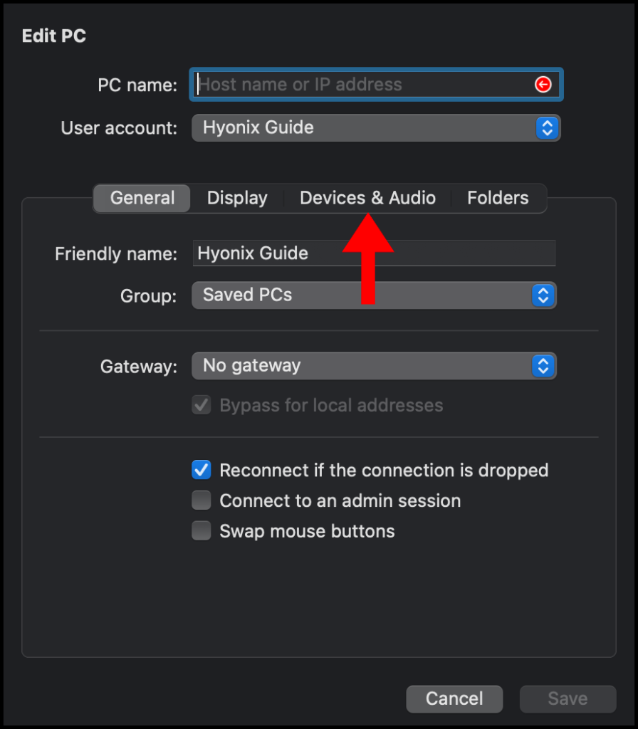 Navigating to Devices & Audio tab within the Microsoft Remote Desktop on macOS.