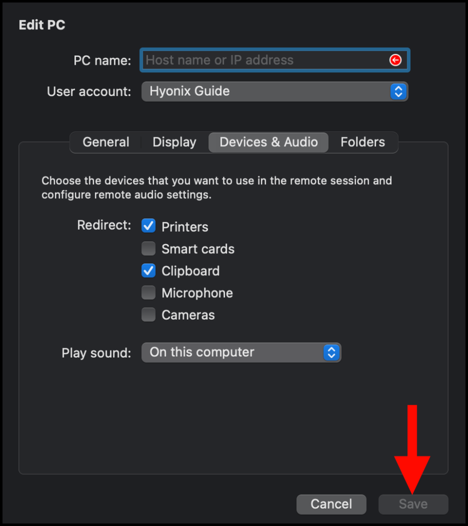 Clicking save on Microsoft Remote Desktop in macOS. Completed how to enable printers in remote desktop on macOS.