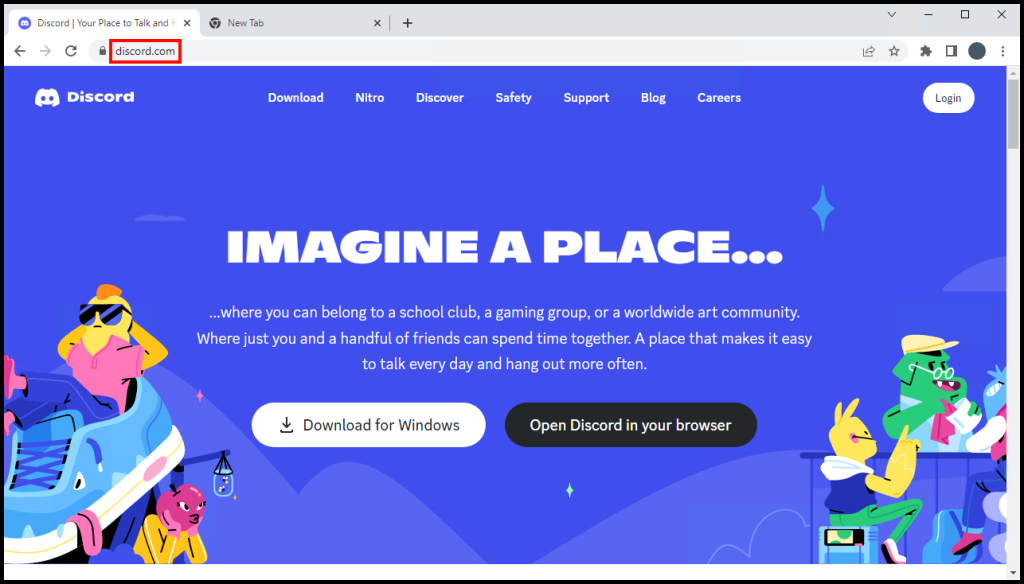 Discord website page on a Windows VPS.