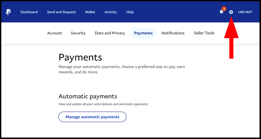 Image of PayPal payments page demonstrating how to get to the settings page.