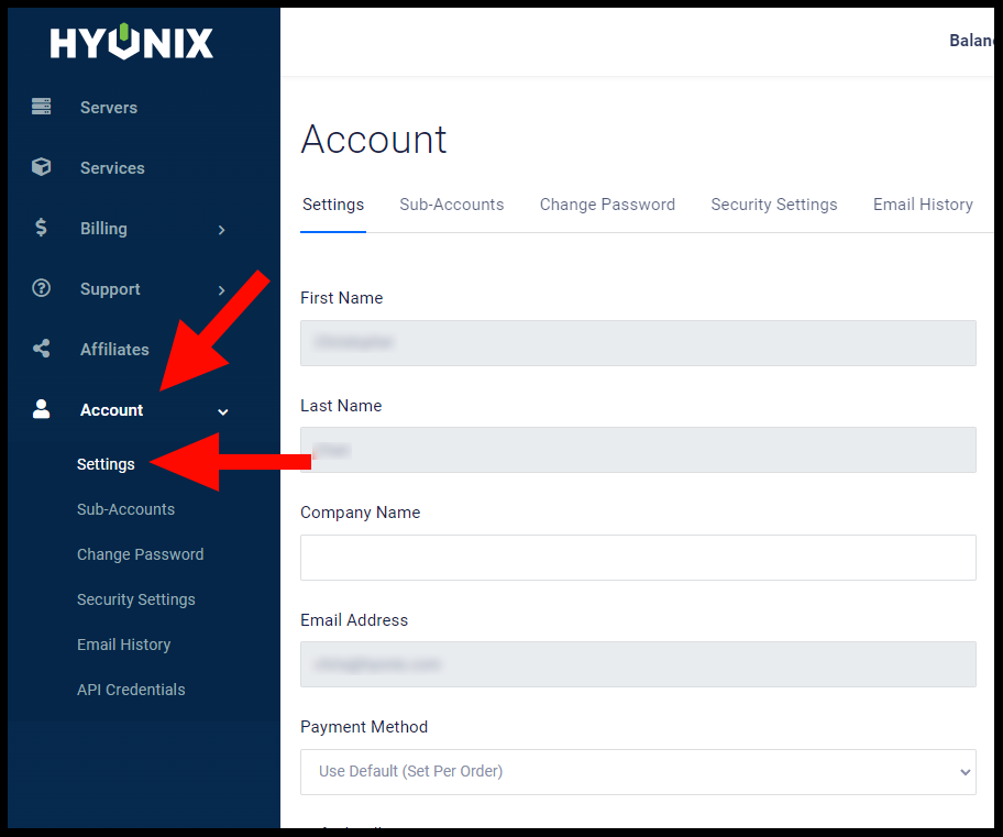 Image demonstrating how to get to the Hyonix account settings page.