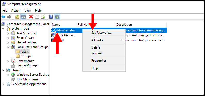 Set new password via computer management on Administrator.